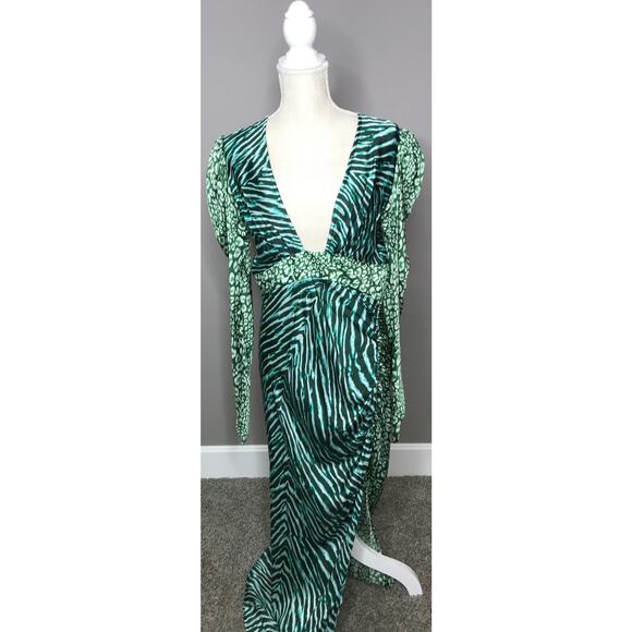 Rococo Sand Animal Print Satin Irene Gown Puff Sleeve Sheath Dress Large - Picture 4 of 11